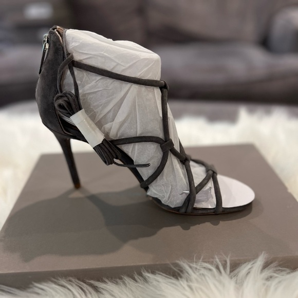 NWT. Halston Heritage Brielle Grey Kid Suede Caged Ankle Tie Stilleto Sandal. - Picture 3 of 8